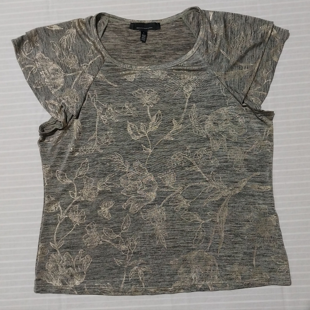 White House Black Market Floral Ruffle Short Sleeve Blouse Women L Black Gold